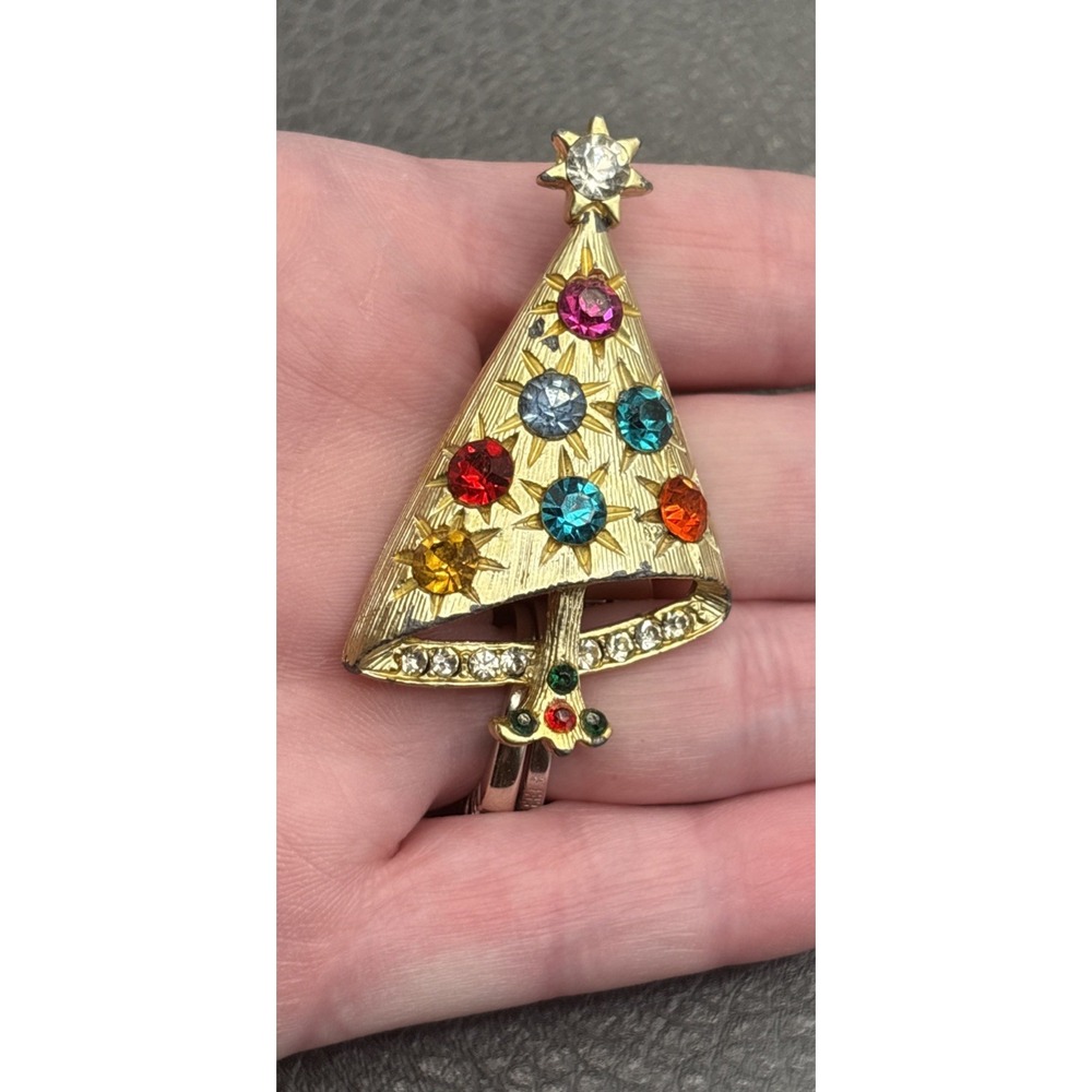 Vintage Christmas Tree Brooch MCM Modernist Multicolor Rhinestone Gold Tone